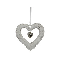 15cm White Wicker Hanging Heart with Silver Smaller Heart Centre