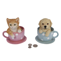 1pce 17cm Cat or Dog in Teacup Money Box, Cute Figurine Collectable