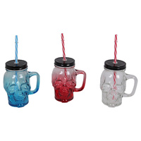 1pce 15cm Skull Glass Jar, Graded Colour with Holding Straw
