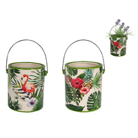 1pce 20cm Tropical Scene Ceramic Plant Pot with Flamingo & Greenery Features
