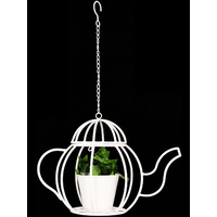 65cm Hanging White Teapot Design, Plant Hanger, Powder Coated