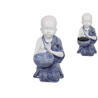 32CM Blue Willow Finish Monk with Bowl Statue