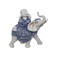 New 27cm Blue Willow Boy Monk on Elephant White / Blue Statue