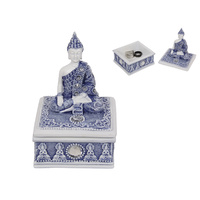 1pce 13cm Blue Willow Trinket/Jewellery Box with Rulai Buddha Feature