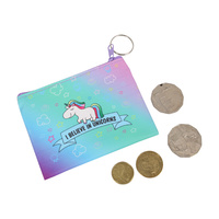 1pce 11cm Rainbow Unicorn Key Ring Purse "I believe in Unicorns" saying