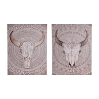 60X45CM BOHEMIAN COW SKULL CANVAS 2ASS