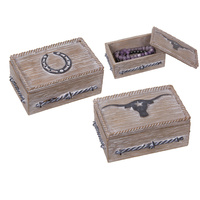 New 1pce Natural / White Wash Pin Box with Cow Horns / Horse Shoe Motif 11x7cm