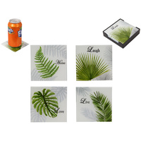 New 1pce 10x10cm Glass Coaster Set of 4 Green Leaf Designs 4 Assorted