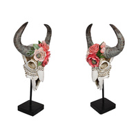 New 1pce 47CM Rose Cow Skull on Bust / Black Stand Realistic Looking