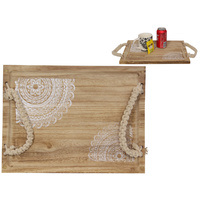 New 1pce 40X30CM Serving Tray with Macrame Handles and Mandala White Print