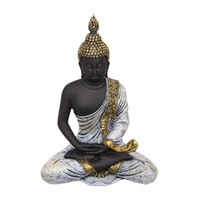 1pce 21cm Hands Down Matte Black Buddha Statue Blue Robed, Meditating