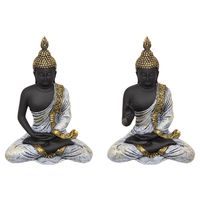 Pair of 21cm Matte Black Buddha Statues, Blue Robed, Meditating Poses Set