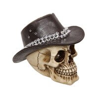 New 1pce 15cm Cowboy Skull with Studded Hat Resin Décor Halloween Ornament 