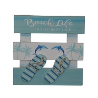 New 1pce 18cm Beach Life Wall Plaque MDF Thongs Motif Aqua Blue Themed
