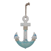 33cm Anchor Wall Art Plaque Beach Themed MDF Aqua Blue with Rope