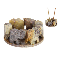 Elephant Circle Incense Holder Natural Soapstone 8cm - Hand Carved