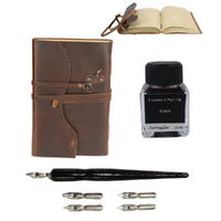 Brown Leather Journal + Calligraphy Ink & Pen Set Antique Oiled 31cm Writing Book