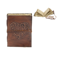 Leather Journal with Embossed Heart Design Brown 20x16cm (8x6") Antique Paper