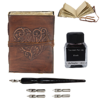 Leather Journal + Calligraphy Ink & Pen Set Embossed Heart Brown 20cm Antique