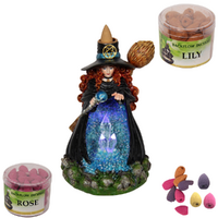 18cm Backflow Burner Mystical Witch w/ Extra Cones Bundle Incense LED Light Up