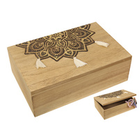 New 1pce 23cm Gold Mandala Trinket Box with Tassels Natural Wood Boho