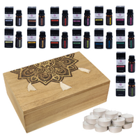 14 Essential Oils with Wooden Storage Box 23cm, 10 Tealight Candles Gift Set