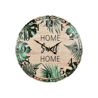 1pce 58cm Home Sweet Home Clock with Green Fern and Natural Wood Look Design