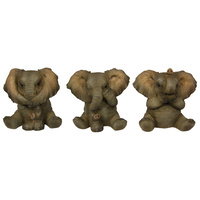 1pce 12cm Sitting Wise Elephants 3 Asstd Hear, See, Speak No Evil Resin