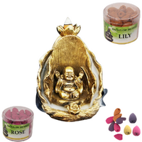 13cm Backflow Incense Burner Gold Happy Buddha Set w/ Extra Cones Bundle