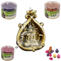 15cm Backflow Incense Burner Gold Rulai Buddha Set w/ EXTRA CONES Bundle Display