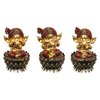 New 1pce 15cm Red & Gold Ganesh On Lotus 3 Asstd No Evil Elephant Décor