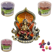 31cm Backflow Incense Burner Ganesh Buddha Set w/ EXTRA CONES Bundle Display