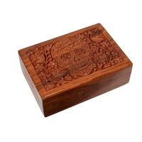 18cm Candy Skull Carved Sheesham Wood Trinket Box Jewellery Storage