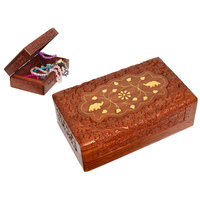 1pce 20cm Carved Gold Inlay Wooden Box, Jewellery Storage, Boho Style