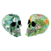 12cm Resin Skull With Tropical Green Leaves & Lily Designed Patterns Boho