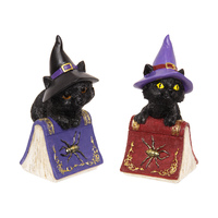 12cm Black Cat Witch On Purple/Red Mystical Spell Book Cute & Scary Resin