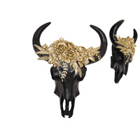 1pce 33cm Black & Gold Cow Skull Floral Resin Boho Wall Hanging Art Décor