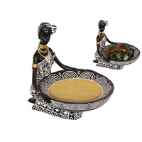 1pce 15cm Sitting African Lady With Trinket Bowl Resin Gold Features Home Décor