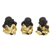 Hear, Speak, See No Evil Buddhas 8cm Gold & Black with Robe Resin Home Décor