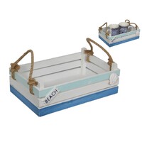 1pce 27cm Beach Style Tray with Rope Handles Blue Tones Carry Food Drinks Wooden