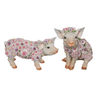 Set of Floral Baby Piglets Cute Pair Pink Purple Colours Resin Home D̩cor