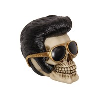 1pce 16cm Elvis Haircut Skull With Gold Glasses Resin Décor Mancave Ornament