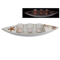 1pce 44cm White Décor Boat Display With Glass Tealights Beach Themed