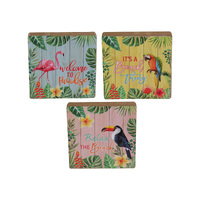 3pce Tropical Bird Plaques Set Hanging / Standing Sign 12x12cm Wooden