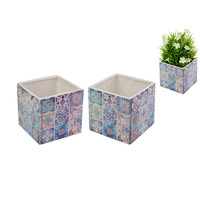 1pce 13cm Square Patchwork Pot Holder Ceramic Plant Décor Blue/Purple Colours
