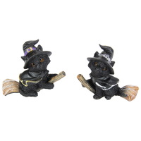 1pce Black/Purple Cape 10cm Black Cat Witch On Broomstick Scary Cute Resin 2 Asstd