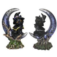 1pce 11cm Black/Purple Cape Cat Witch On Mystical Moon & Green Stump Scary Resin