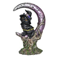 1pce 18.5cm Cat Witch Sitting, Black Cape, Mystical Moon On Stump Resin Cute Gift
