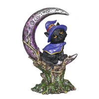 1pce 18.5cm Black Cat Witch Sitting, Purple Cape, Mystical Moon On Stump Resin Cute Gift
