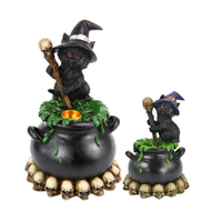 Pair of Witch Black Cat Figurines with Incense Flow Holder on Cauldron 19cm